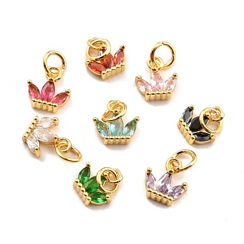 Brass Cubic Zirconia Charms, Real 18K Gold Plated, Cadmium Free & Lead Free, Crown, Mixed Color, 8x8x2.5mm, Hole: 3.8mm