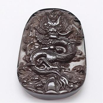 Natural Ice Crystal Obsidian Carven Pendants, Chinese Dragon, Black, 53~57x37.5~40x11~12.5mm, Hole: 1mm