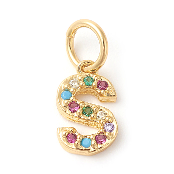 Brass Micro Pave Colorful Cubic Zirconia Charms, Golden, Letter.S, 9x5.5x2mm, Hole: 3mm
