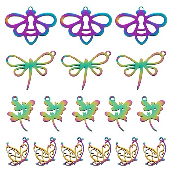 16Pcs 4 Style Ion Plating(IP) 201 Stainless Steel Pendants, Laser Cut, Dragonfly & Butterfly & Bees, Rainbow Color, 15~24x11.5~24.5x1mm, Hole: 1.2~1.4mm, 4pcs/style