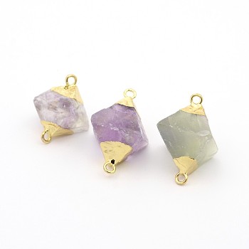 Natural Fluorite Gemstone Links connectors, with Golden Plated Brass Finding, Diamond, 22~29x19~23mm, Hole: 2mm