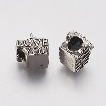 Ion Plating(IP) 304 Stainless Steel European Beads, Large Hole Beads, The Word LOVE YOU, Antique Silver, 11x12x9mm, Hole: 5mm