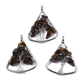 Natural Tiger Eye Big Pendants, Wire Wrapped Pendants, with Brass Wires, Triangle & Tree, Platinum, 40x30.5x5~10mm, Hole: 4.5mm