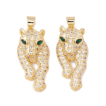 Brass Micro Pave Green Cubic Zirconia Pendants, Cadmium Free & Lead Free, Tige, Real 18K Gold Plated, 27.5x13x7.5mm, Hole: 5x3.5mm