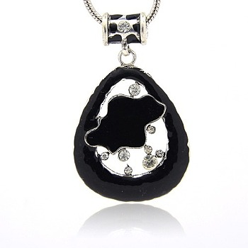 Alloy Enamel Charms, with Crystal Rhinestone, Teardrop Charms for Necklace Design, Antique Silver, Black, 6.5x4.5x4mm, Hole: 7.5mm