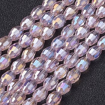 Electroplate Glass Beads Strands, AB Color Plated, Faceted Oval, Pink, 6x4mm, Hole: 1mm, about 67~68pcs/strand