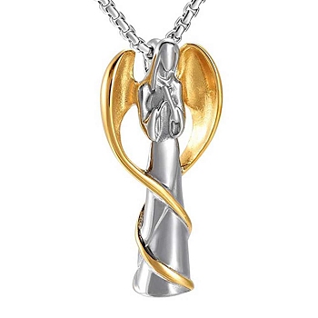 Angel Urn Ashes Pendant Necklace, 316L Stainless Steel Memorial Jewelry for Men Women, Golden, 23.62 inch(60cm)