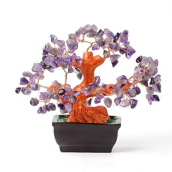 Natural Amethyst Chips Money Tree Bonsai Display Decorations, for Home Office Decor Good Luck, 140x85x170mm