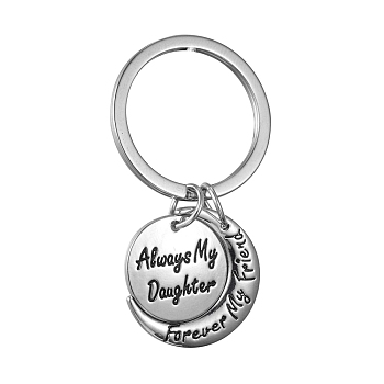 Alloy Keychain, Cadmium Free & Lead Free, Flat Round & Moon with Word Always My Daughter, Forever My Friend, Platinum, 52mm