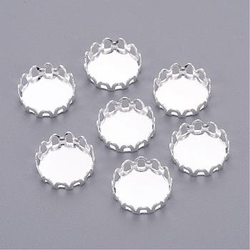 Silver Color Plated Brass Blank Base Flat Round Lace Edge Bezel Cups, Cabochon Settings, Cadmium Free & Lead Free, Tray: 10mm