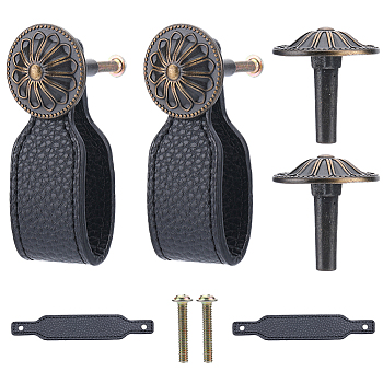 PU Leather Drawer Handles, Door Pull Handles, Cabinet Pull Strap, with Alloy Buckles & Screws, Black, 152x28.5x3mm, Hole: 6.6mm