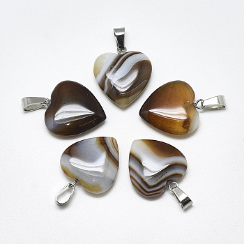 Natural Banded Agate/Striped Agate Pendants, Dyed, with Stainless Steel Snap On Bails, Heart, Stainless Steel Color, Coffee, 22~24x20~21x5~7mm, Hole: 3~4x7~8.5mm
