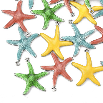 304 Stainless Steel Pendants, with Enamel, Starfish/Sea Stars, Mixed Color, Stainless Steel Color, 22x20.5x2.5mm, Hole: 1mm
