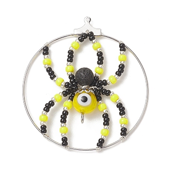 Brass Pendants, with Glass Seed & Evil Eye Lampwork & Natural Lava Rock Beads, Ring with Spider Charms, Yellow, 44~48x40~43x8mm, Hole: 1mm and 2mm