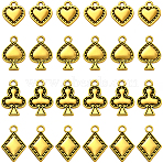 72Pcs 4 Styles Tibetan Style Alloy Pendants, Playing Card, Antique Golden, 14.5~18.5x11.5~12x2~3mm, Hole: 1.8~2mm, 18pcs/style(FIND-SC0019-40AG)