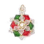 Glass Pendants, Snowflake, with 304 Stainless Steel Open Jump Rings & Glass Seed Beads, Faceted, Colorful, 27x22x7mm, Hole: 3.5mm(PALLOY-MZ01026)