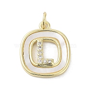 Rack Plating Brass Micro Pave Clear Cubic Zirconia Pendants, with Shell, Cadmium Free & Lead Free, Long-Lasting Plated, Real 18K Gold Plated, with Jump Ring, Letter L, 17.5x15x2.5mm, Hole: 3mm(KK-E102-33G-L)