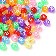 Transparent Mixed Color Acrylic Beads, Horizontal Hole, Mixed Letters, Flat Round with White Letter, 7x4mm, Hole: 1.5mm, 100pcs/Bag(TACR-YW0001-08A)