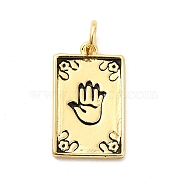 Rack Plating Brass Pendants, Long-Lasting Plated, with Jump Rings, Cadmium Free & Lead Free, Rectangle with Palm Pattern Charm, Real 18K Gold Plated, 16.5x10x1.5mm, Hole: 3mm, ring: 5x0.9mm(KK-K270-37G)