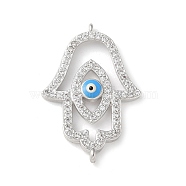 Brass Micro Pave Cleear Cubic Zirconia Evil Eye Hamsa Hand Connector Charms, with Enamel, Religion Links, Cadmium Free & Lead Free, Long-Lasting Plated, Rack Plating, Platinum, 29x19.5x4mm, Hole: 1mm(KK-C086-15A-P02)