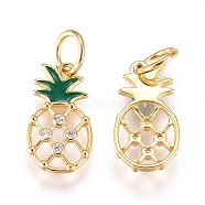 Brass Enamel Charms, with Micro Pave Cubic Zirconia and Jump Rings, Pineapple, Clear & Green, Golden, 13x7x1.6mm, Hole: 3.4mm(X-ZIRC-L070-68G)