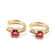 Brass Micro Pave Cubic Zirconia Cuff Earrings, Real 18K Gold Plated, Ring, Red, 13x2.5mm(EJEW-K086-02G-04)