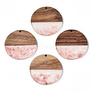Transparent Resin & Walnut Wood Pendants, with Shell Chips, Two Tone, Flat Round, Pink, 38.5x3.5mm, Hole: 2mm(X-RESI-T035-24-A01)