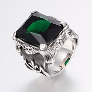 304 Stainless Steel Finger Rings, with Cubic Zirconia, Rectangle, Green, 20mm(RJEW-G091-26-20mm-D)
