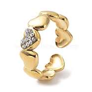 304 Stainless Steel Heart Open Cuff Ring with Crystal Rhinestone, Real 18K Gold Plated, US Size 7(17.3mm)(RJEW-L109-003G)