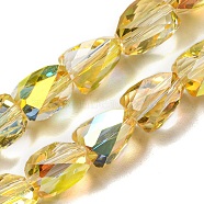 Transparent Electroplate Glass Beads Strands, Half Rainbow Plated, Faceted, Triangle, Gold, 7x6x4mm, Hole: 1mm, about 66~75pcs/strand, 19.09~21.18 inch(48.5~53.8cm)(GLAA-G116-03A-HR04)