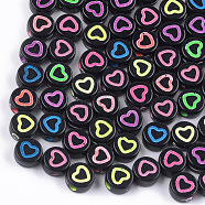 Craft Style Acrylic Beads, Flat Round with Heart, Mixed Color, 7x3.5mm, Hole: 1.5mm, about 4000~4400pcs/500g(MACR-T023-24C)