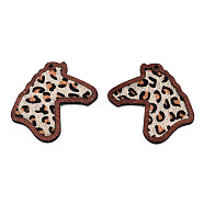 Eco-Friendly Cowhide Leather Big Pendants, with Dyed Wood, Horse Head with Leopard Print Pattern, Dark Goldenrod, 53.5x42x3mm, Hole: 2mm(FIND-N049-20F)