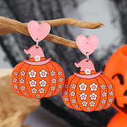 Funny Heart with Pumpkin Acrylic Fashion Stud Earrings, Halloween Style Personality Earrings, Orange, Flower, 53x38mm(BY9721-5)