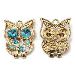 Golden Plated Alloy Pendants, Owl Charms with Rhinestone, Cadmium Free & Nickel Free & Lead Free, Blue Zircon, 25x20x5mm, Hole: 2.2mm(ALRI-L050-02G-01)