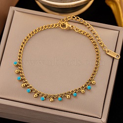 Golden Tone 304 Stainless Steel Enamel Twisted Chain Bracelets, Ball Tassel Bacelets for Women, Deep Sky Blue, 6-3/4 inch(17cm)(BJEW-P321-02G)