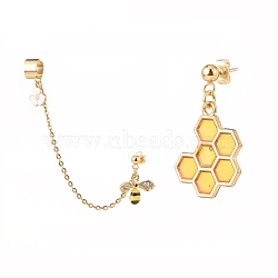 Bee and Honeycomb Alloy Asymmetrical Earrings with Enamel, 304 Stainless Steel Stud Earrings with Dangle Chain Ear Cuff Crawler Climber for Women, Golden, 29~110mm, Pin: 0.7mm, 2Pcs/set(EJEW-JE04887)