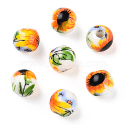 Handmade Porcelain Beads, Round with Sunflower Pattern, White, 6mm, Hole: 1.6mm(PORC-E021-01A)