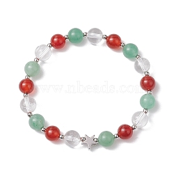 8mm Round Natural Green Aventurine & Carnelian & Quartz Crystal Beaded Stretch Bracelets, Star Brass Bracelets for Women, Inner Diameter: 2-1/2 inch(6.2cm)(BJEW-TA00521)