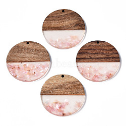 Transparent Resin & Walnut Wood Pendants, with Shell Chips, Two Tone, Flat Round, Pink, 38.5x3.5mm, Hole: 2mm(X-RESI-T035-24-A01)
