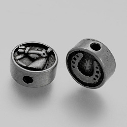 304 Stainless Steel Beads, Flat Round, with Horse and Horseshoes, Antique Silver, 11x5.5mm, Hole: 2mm(STAS-A032-022AS)