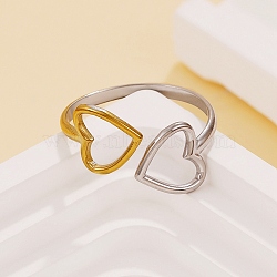 304 Stainless Steel Cuff Open Rings for Women, Golden & Stainless Steel Color, Heart, 15mm, Inner Diameter: 19mm(SA-CBABC9E-05A-GP)