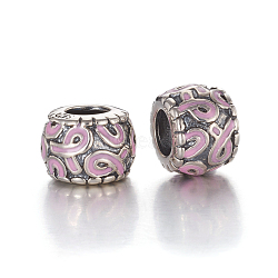 Antique Silver Plated 925 Sterling Silver European Beads, Large Hole Beads, with Enamel, Carved with 925, Flat Round, Pink, 10x7mm, Hole: 4.5mm(STER-L062-11AS)