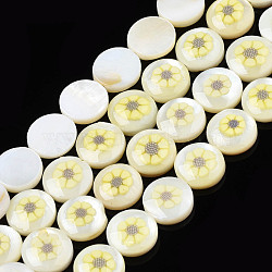 Natural Freshwater Shell Enamel Beads, Flat Round with Flower, Champagne Yellow, 9x3mm, Hole: 0.8mm, about 40pcs/strand, 14.17 inch(36cm)(SHEL-N026-192)