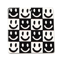 Acrylic Pendants, Black and White Lattic, Smiling Face, 34.5x35x2.5mm, Hole: 1.6mm(FIND-M046-01B)