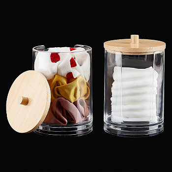 Transparent Acrylic Cotton Ball Swab Storage Canister, with Bamboo Lid, Cotton Bud Cotton Round Pad Storage Cosmetics Makeup Jar for Bedroom, Bathroom, Clear, 10.5cm
