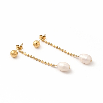 Ion Plating(IP) 304 Stainless Steel Ball Chain Stud Earrings, Pearl Dangel Earrings for Women, Golden, 50mm, Pin: 0.6mm