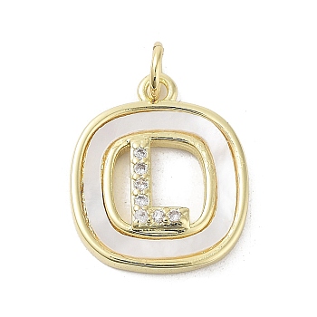 Rack Plating Brass Micro Pave Clear Cubic Zirconia Pendants, with Shell, Cadmium Free & Lead Free, Long-Lasting Plated, Real 18K Gold Plated, with Jump Ring, Letter L, 17.5x15x2.5mm, Hole: 3mm
