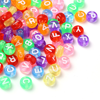 Transparent Mixed Color Acrylic Beads, Horizontal Hole, Mixed Letters, Flat Round with White Letter, 7x4mm, Hole: 1.5mm, 100pcs/Bag