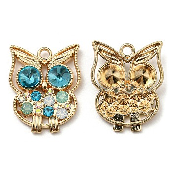 Golden Plated Alloy Pendants, Owl Charms with Rhinestone, Cadmium Free & Nickel Free & Lead Free, Blue Zircon, 25x20x5mm, Hole: 2.2mm