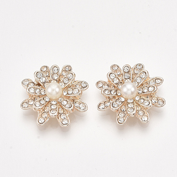 Alloy Rhinestone Cabochons, with ABS Plastic Imitation Pearl, Flower, Crystal, Light Gold, 20.5~21x6mm